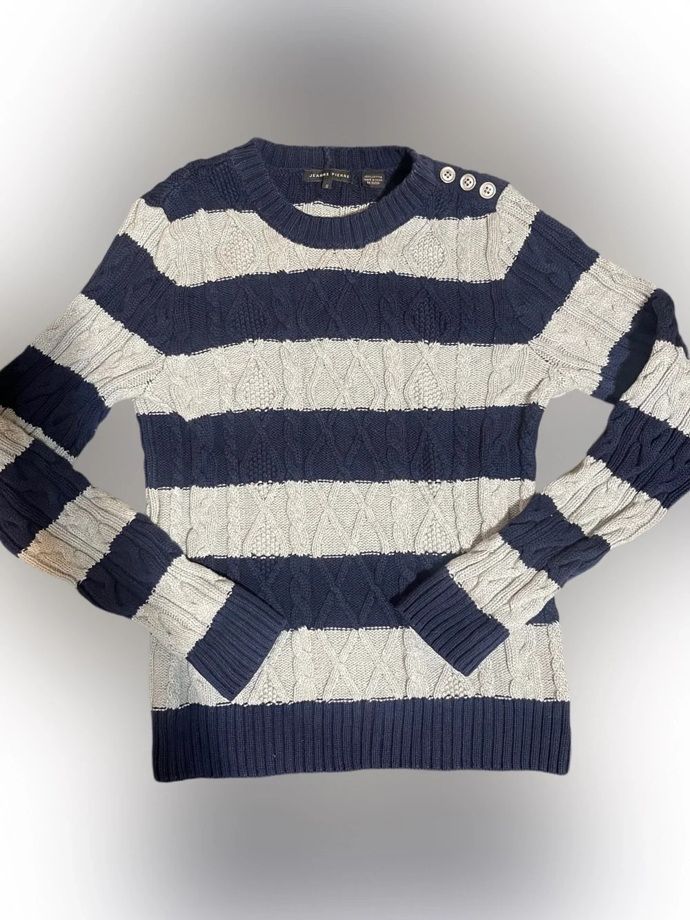 VNTG JEANNE PIERRE Navy & Light Grey Cable Knit Sweater with Shoulder Buttons